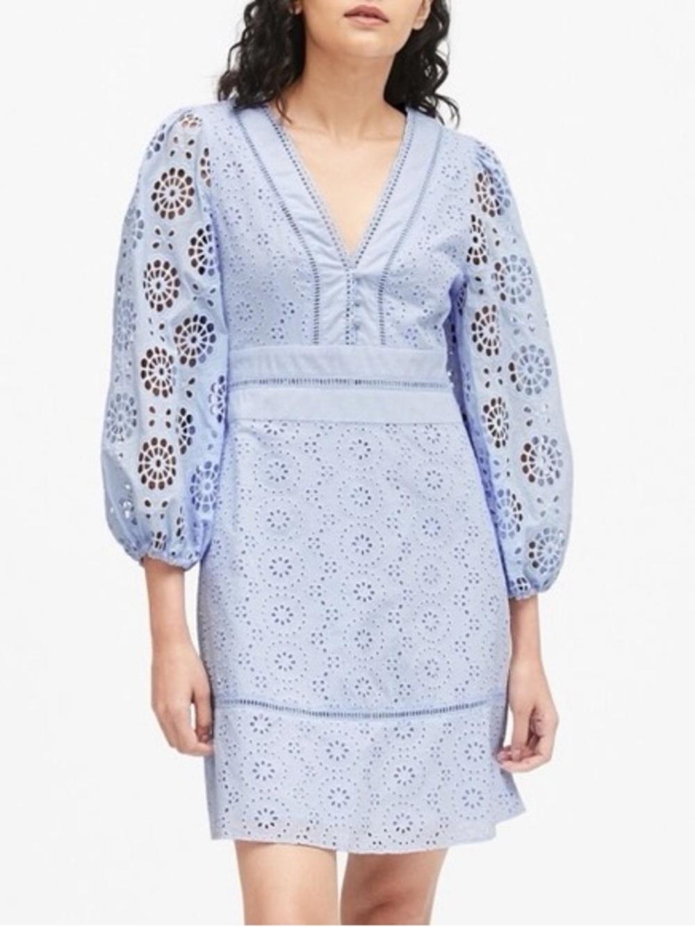 Banana Republic Light Blue Eyelet V-Neck Midi Dress